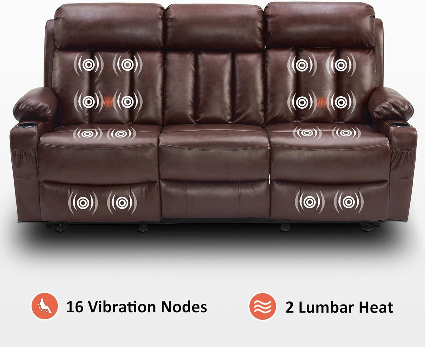 Power Reclining Sofa with Heat and Vibration,Usb Ports, Cup Holders,3-Seat Dual Recliner Sofa for Living Room 6077(Dark Brown, Reclining Sofa)-4