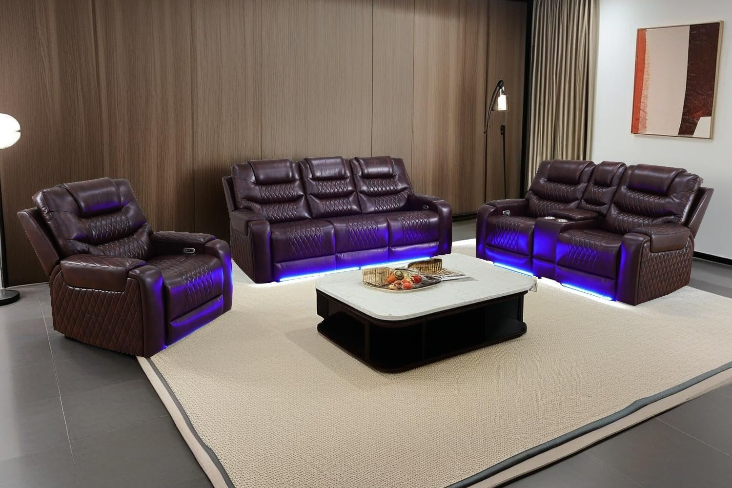 LED Power Recliner Sofa for Living Room Furniture Set, Leather Sectional Sofa Set, Reclining Sofa and Loveseat with USB Port/Storage Console/Cup Holders(Dark Brown 3-Piece Set)-0