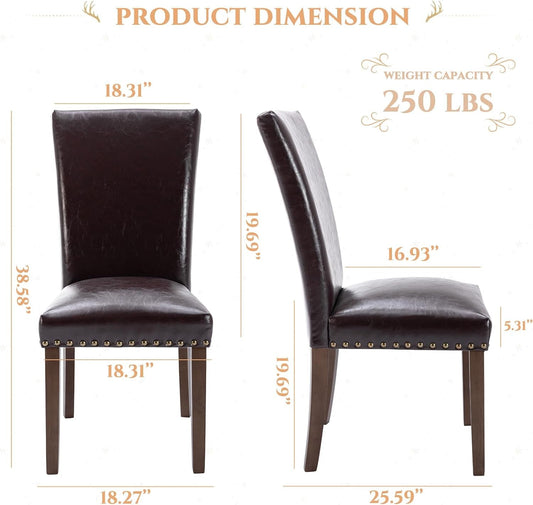Parsons Dining Chairs Set of 4, Upholstered Nailhead PU Leather Dining Room Kitchen Side Chair with Thick Cushions and Wood Legs, Dark Brown-1