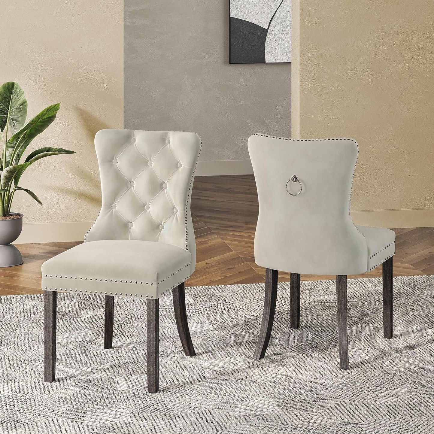 Upholstered Dining Chairs Set of 6, Velvet Luxury Dining Room Chairs with Button Back, Nailhead Trim, Pull-Ring, Solid Wood Legs for Kitchen, Living Room, Restaurant - Chandler (Beige)-1