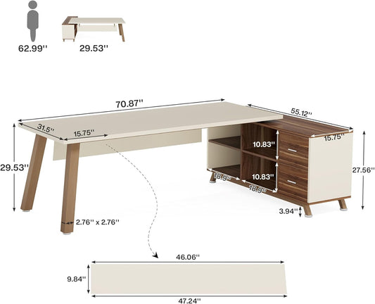 71-Inch Executive Desk, L-Shaped Desk with 55-Inch Cabinet, Large Office Desk with Storage Shelves, Modern Computer Desk for Home Office, Walnut & White-1