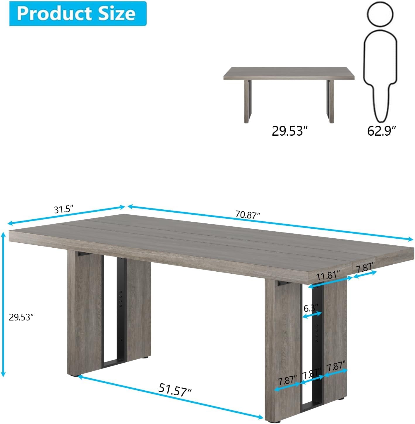 71" Large Dining Table, Rustic Farmhouse Dinner Table for 6 to 8 People, Rectangular Thick Kitchen Table with Heavy Duty Legs for Dining Room (Rustic Gray)-1