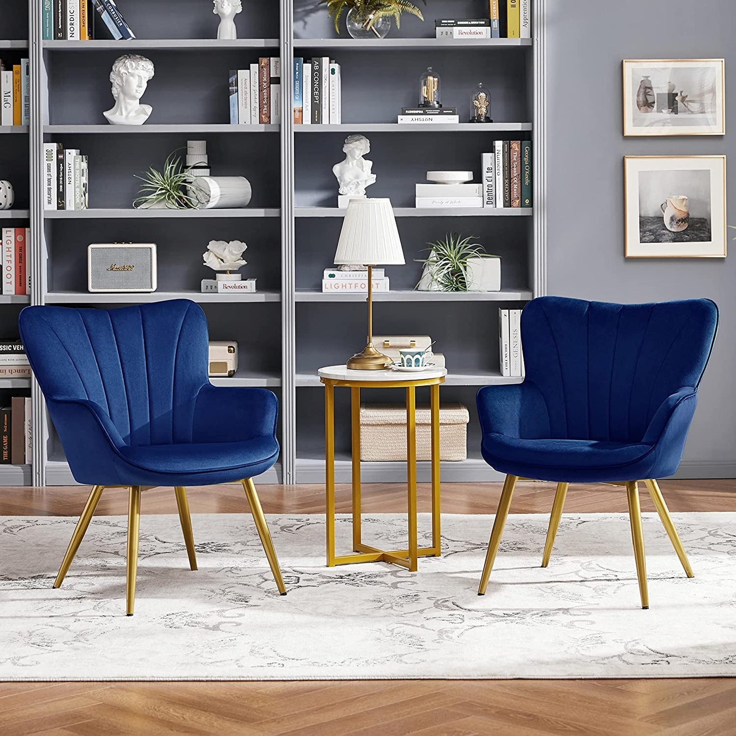 Modern Blue Velvet Wingback Chair with Metal Legs-4