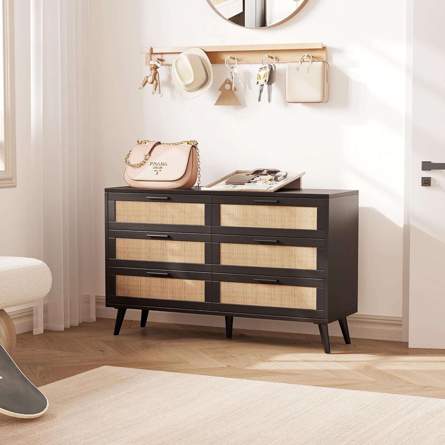 6 Drawer Double Dresser for Bedroom, Rattan Chest of Dressers, Modern Wooden Dresser Chest with Golden Handles, beside Table for Closet, Living Room and Entryway, Black and Natural-3