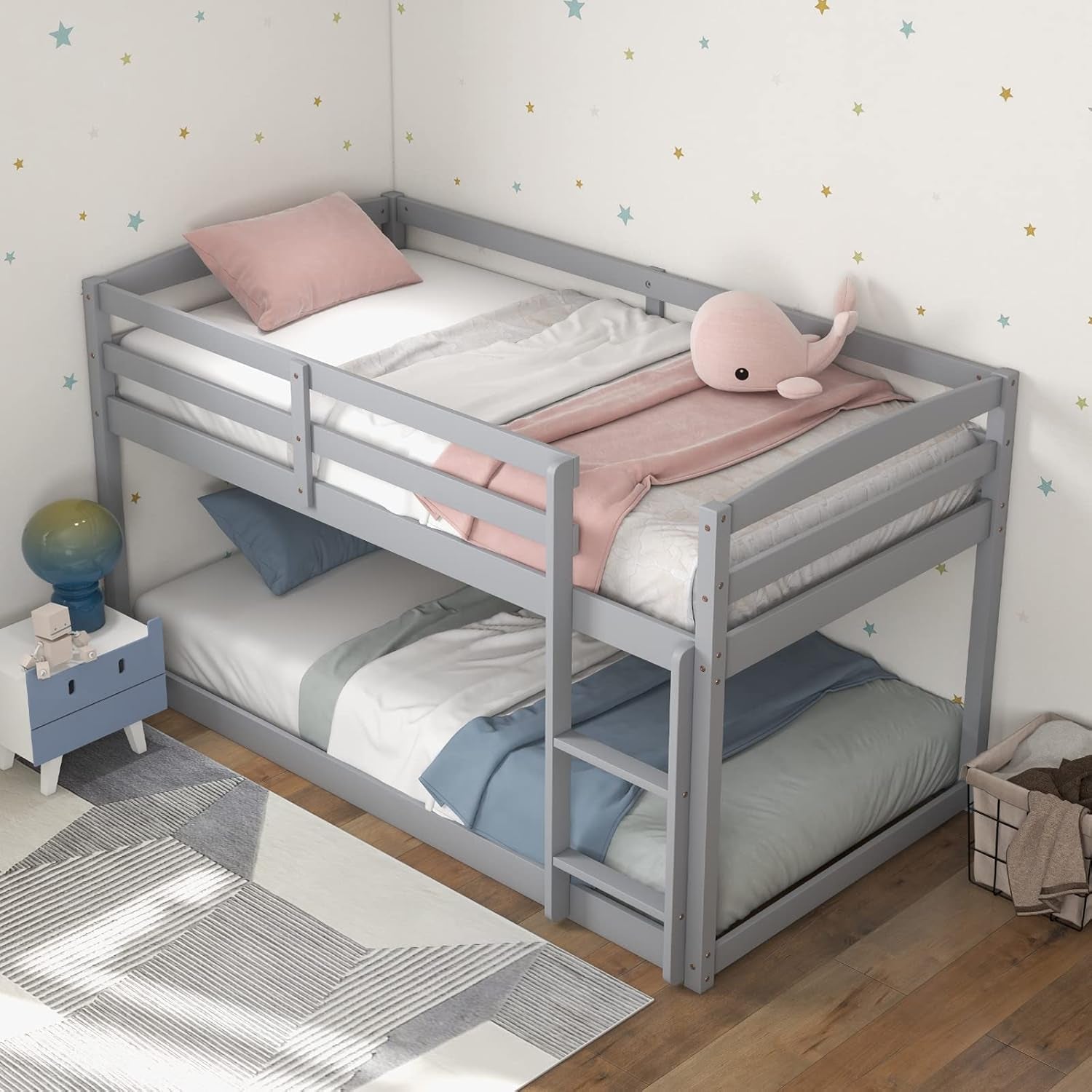 Twin Low Bunk Bed, Solid Wood Twin over Twin Bunk Bed Frame with Full Guardrails & Integrated Ladder, Floor Twin Bunk Beds for Kids Boys and Girls, No Box Spring Needed, Grey-3