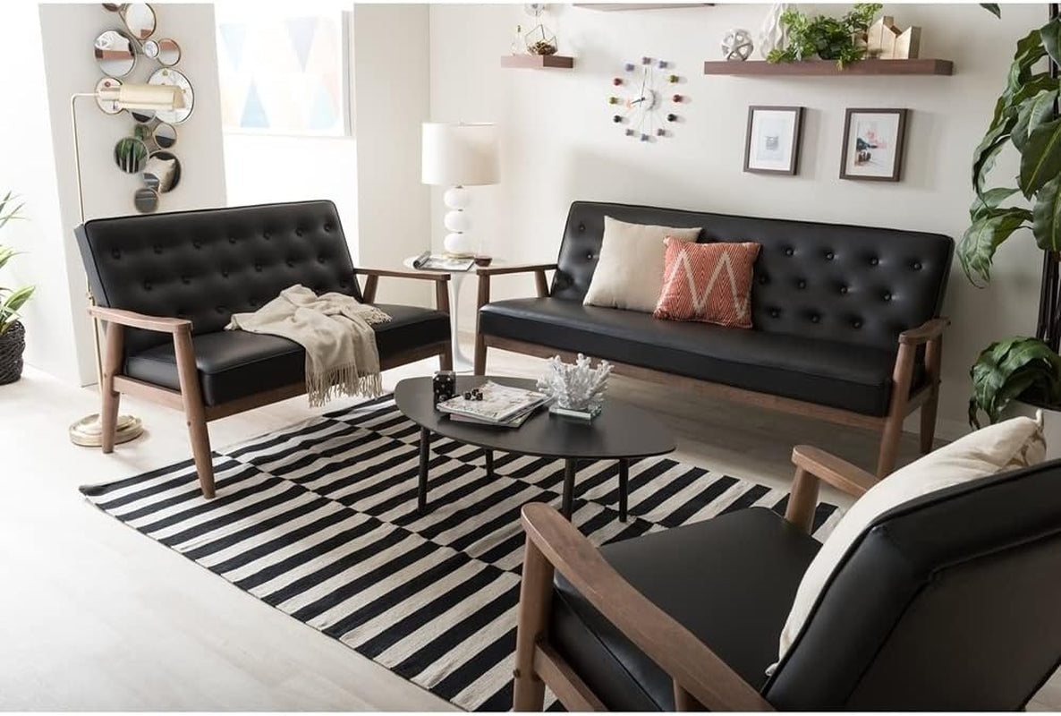 Sorrento Mid-Century Retro Modern Black Faux Leather Upholstered Wooden 3 Piece Living Room Set-1