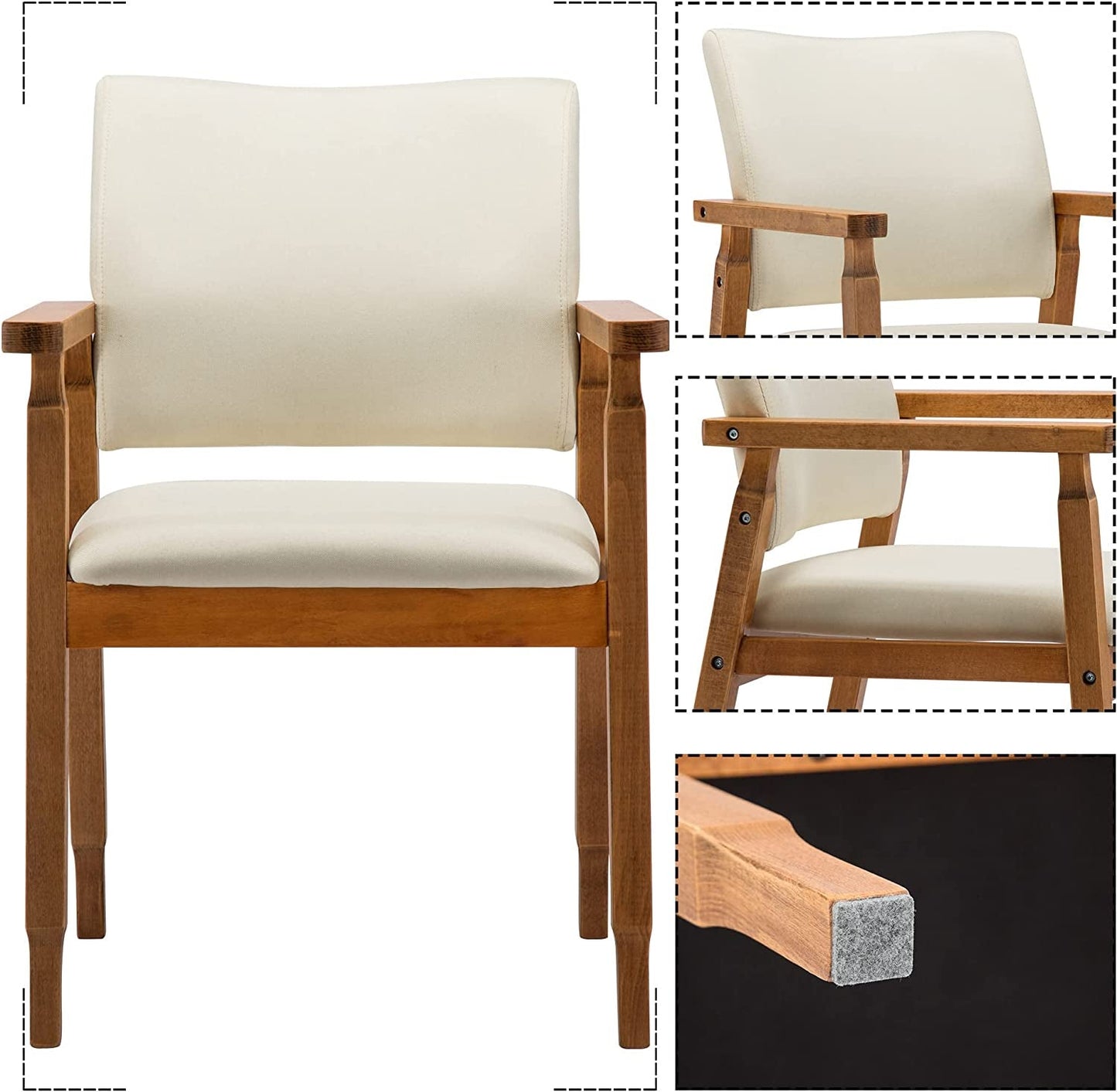 Mid Century Modern Walnut Dining Chairs Wood Arm Beige Fabric Kitchen Cafe Living Room Decor Furniture-2