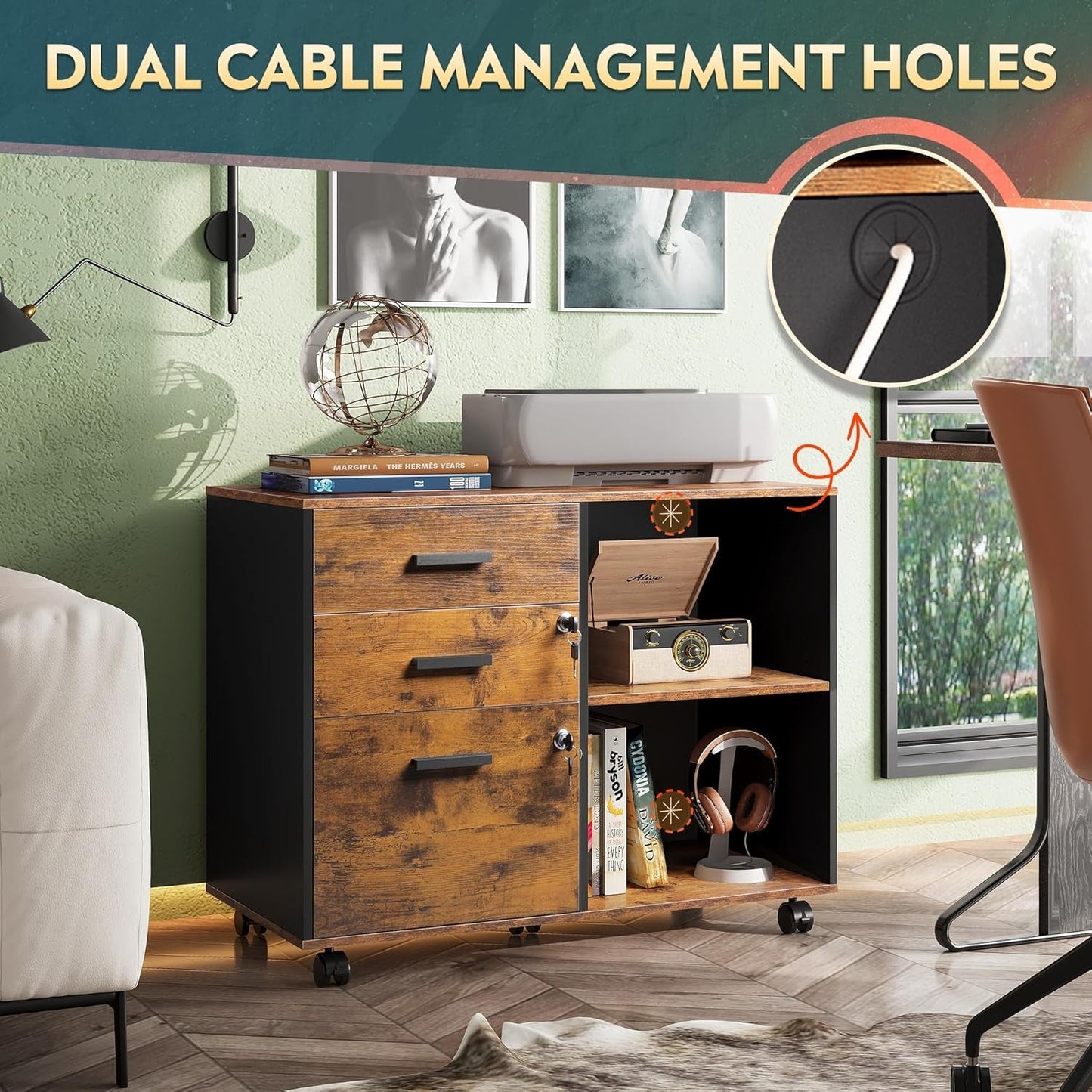 3-Drawer Wood File Cabinet with Lock, Mobile Lateral Filing Cabinet, Printer Stand with Open Storage Shelves for Home Office, Rustic Brown-2