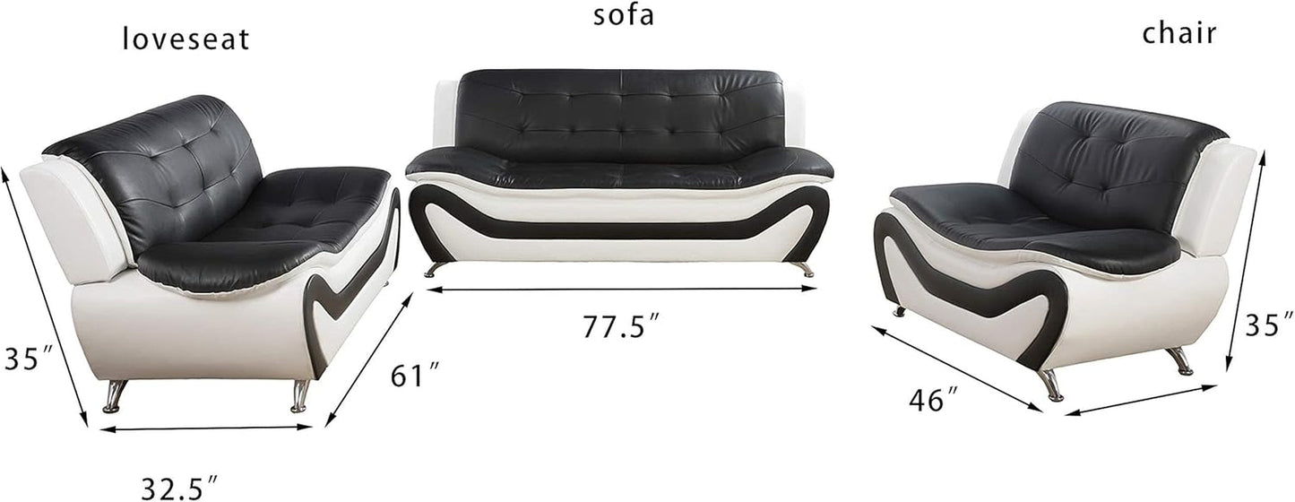 3 PCS Faux Leather Aldo Modern Sofa Set, Living Room Set with Sofa, Loveseat and Chair (Black & White)-2