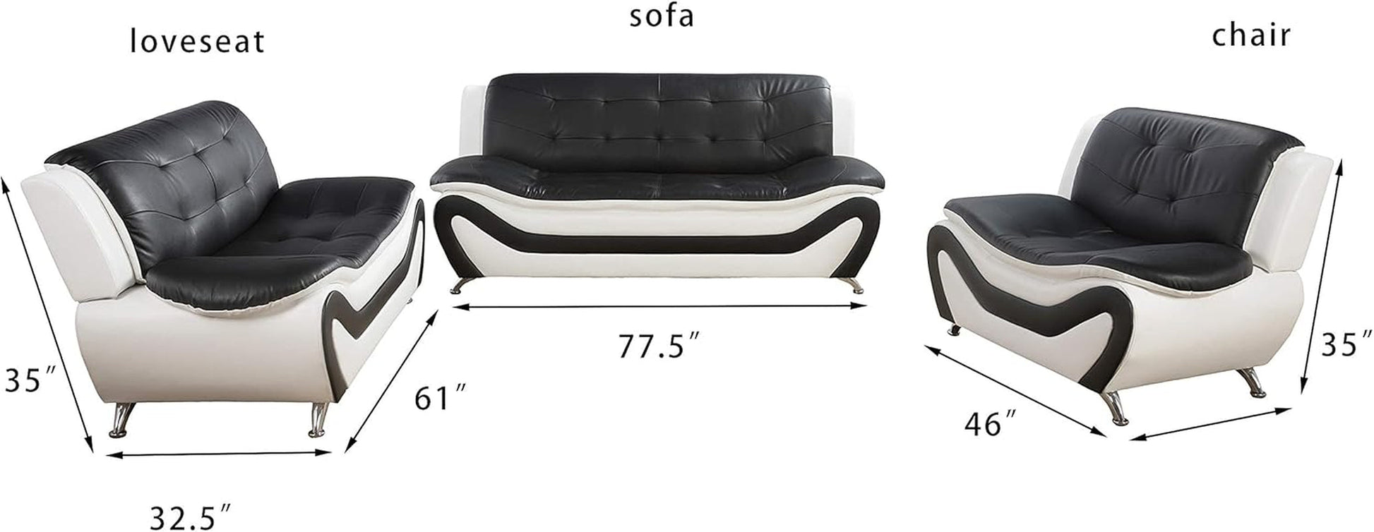 3 PCS Faux Leather Aldo Modern Sofa Set, Living Room Set with Sofa, Loveseat and Chair (Black & White)-2