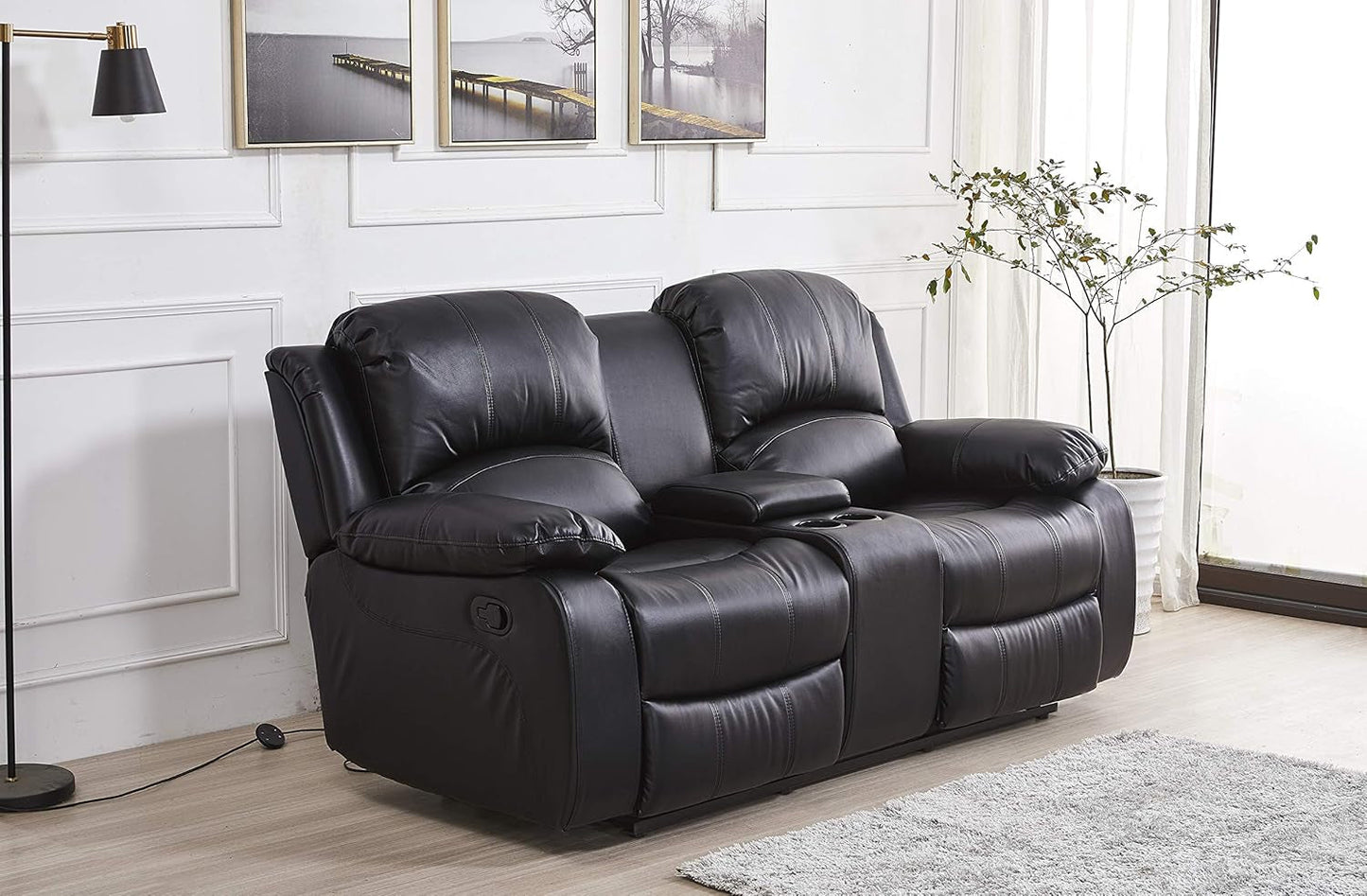 3PC Bonded Leather Reclining Sofa Chair Set Living Room Set Sofa Loveseat Glider Chair 8018 Multiple Colors (Black)-2