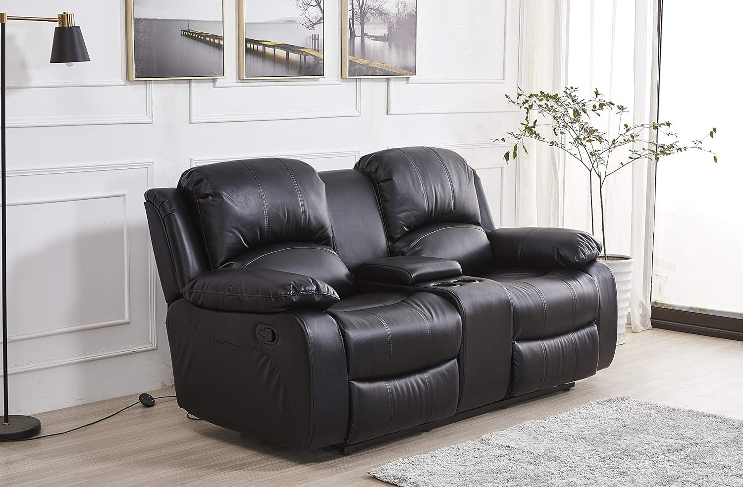 3PC Bonded Leather Reclining Sofa Chair Set Living Room Set Sofa Loveseat Glider Chair 8018 Multiple Colors (Black)-2