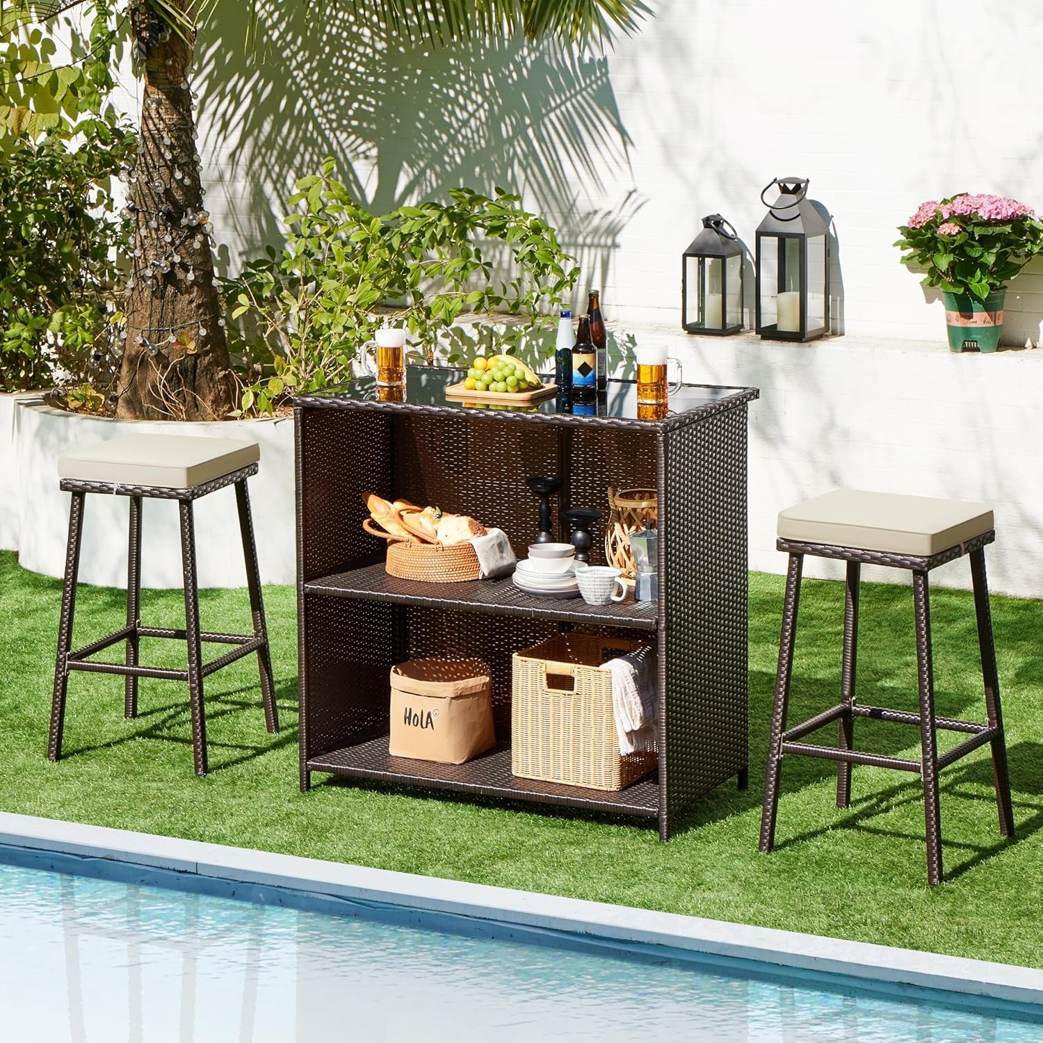 3Pcs Outdoor Bar Set, Patio Wicker Bar Furniture with 2 Storage Shelves, Glass Top Table, Cushions and Two Stools, Brown/Khaki-1