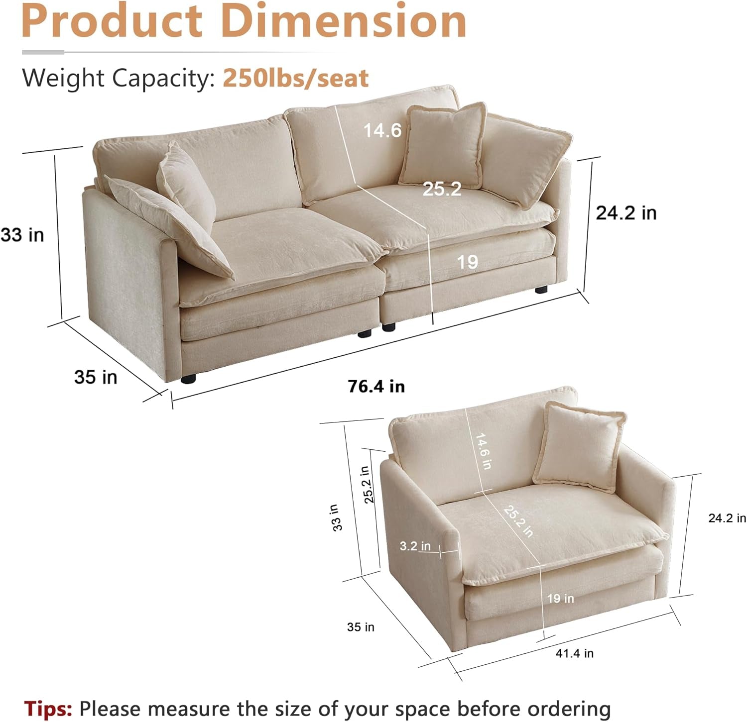 Luxury 2 Piece Loveseat Couch & Sofa Armchair Set, Modern Upholstered Chenille Cloud Couches Set Furniture with 5 Pillow for Living Room Bedroom Office Apartment, Light Coffee-1