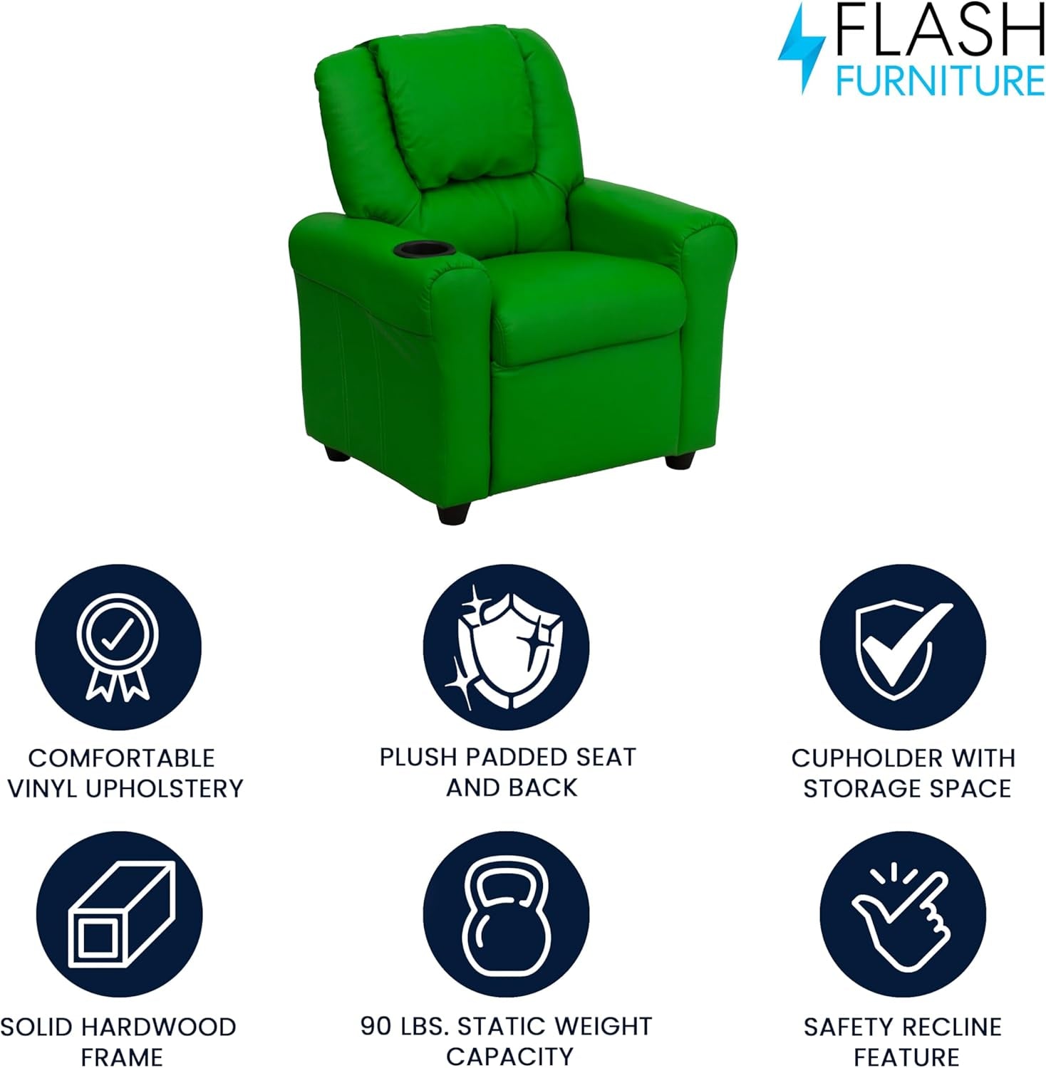 Vana Vinyl Kids Recliner with Cup Holder, Headrest, and Safety Recline, Contemporary Reclining Chair for Kids, Supports up to 90 Lbs., Green-2