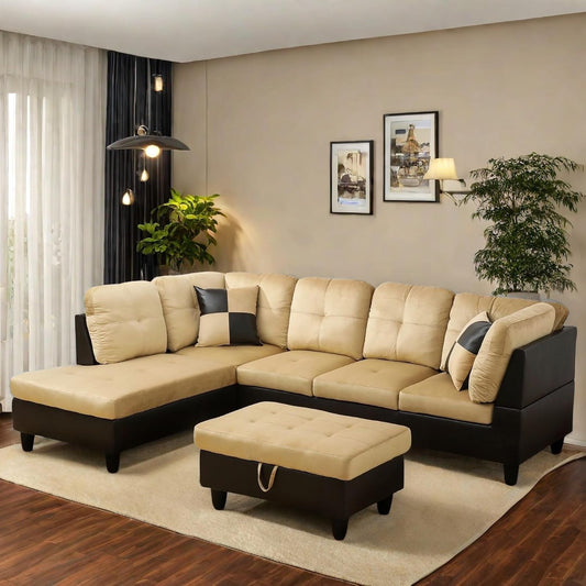 L Shaped Sectional Couch with Otttoman, 103" Sectional Sofa for Living Room Flannel Modular Couches with Cup Holders for Bedroom, Apartments, Beige &Brown-0