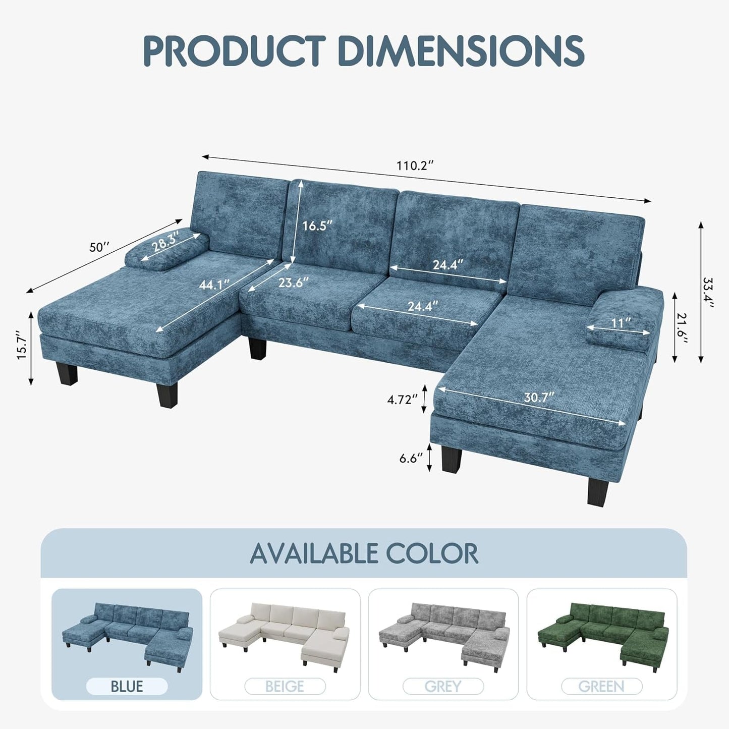 Convertible Sectional Sofa U-Shaped Couch with Soft Modern Cotton Chenille Fabric for Living Room, Oversized Seats with Comfortable Backrest, Dark Blue-1