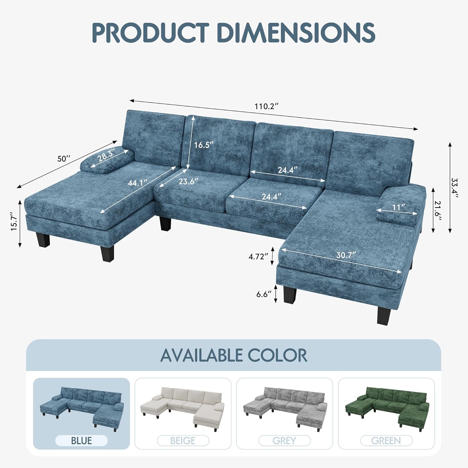 Convertible Sectional Sofa U-Shaped Couch with Soft Modern Cotton Chenille Fabric for Living Room, Oversized Seats with Comfortable Backrest, Dark Blue-1