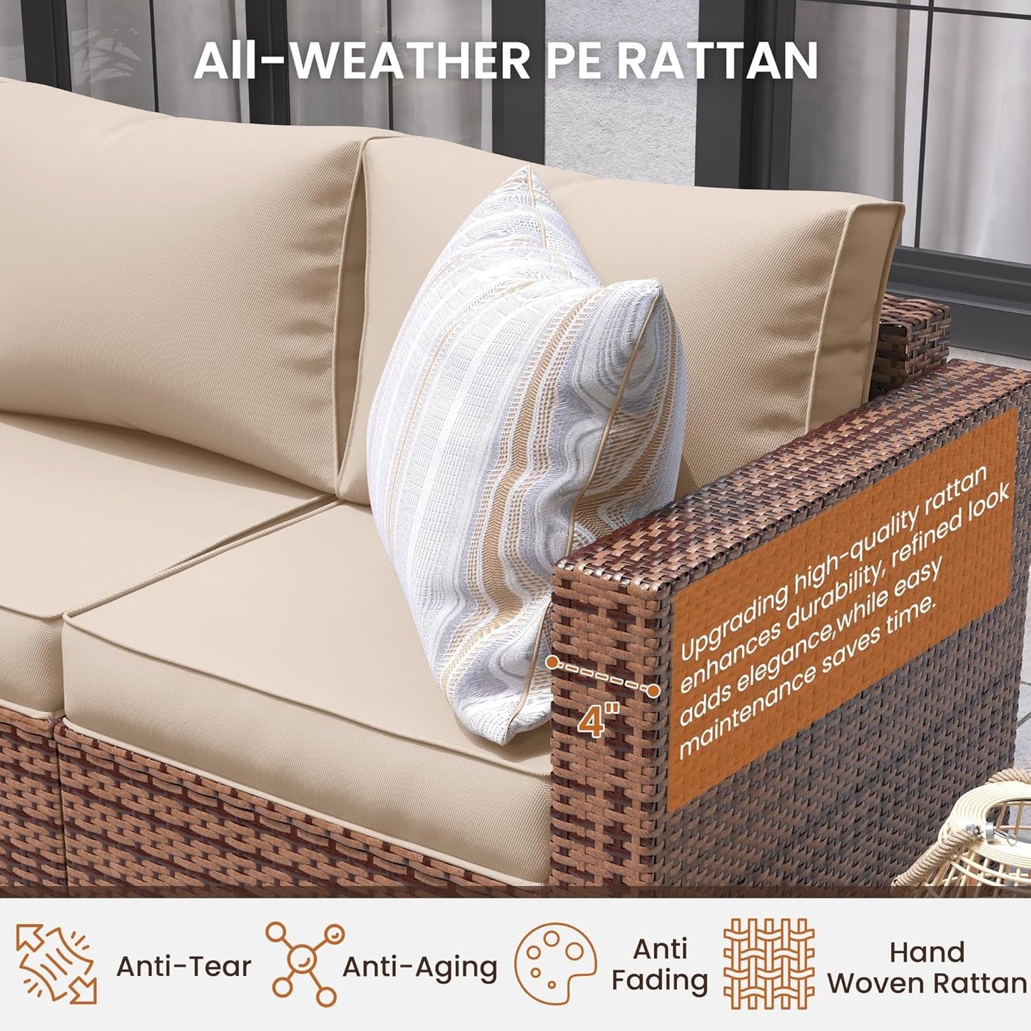 Patio Furniture Set with 44" Fire Pit Table, 7 Pieces Outdoor Furniture Sets, Wicker Rattan Patio Conversation Sets with Ottoman and Waterproof Covers for Porch Deck Backyard, Khaki-3