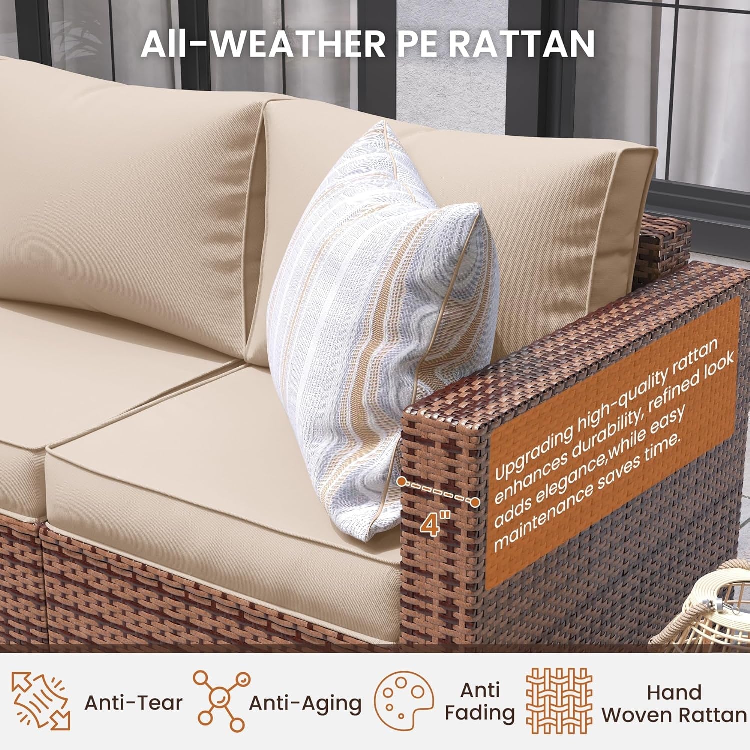Patio Furniture Set with 44" Fire Pit Table, 7 Pieces Outdoor Furniture Sets, Wicker Rattan Patio Conversation Sets with Ottoman and Waterproof Covers for Porch Deck Backyard, Khaki-3