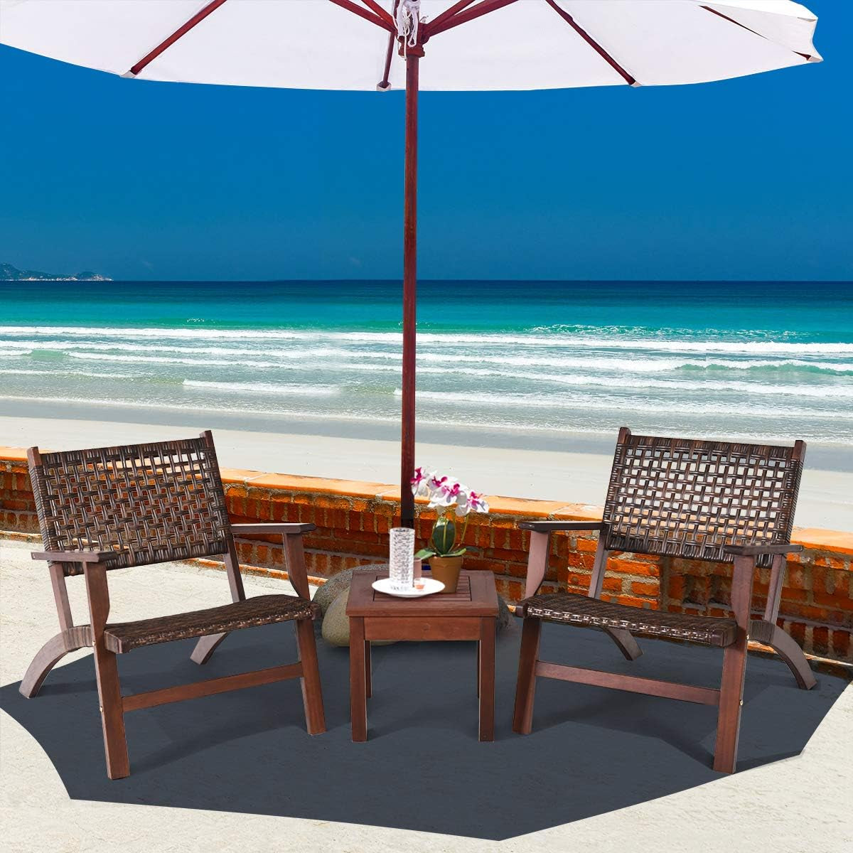 3 PCS Patio Conversation Set, Solid Eucalyptus Wood Frame Outdoor Wicker Furniture Set Bistro Set with Coffee Table, Rattan Furniture Set for Backyard Porch Garden Poolside Balcony (Brown)-3