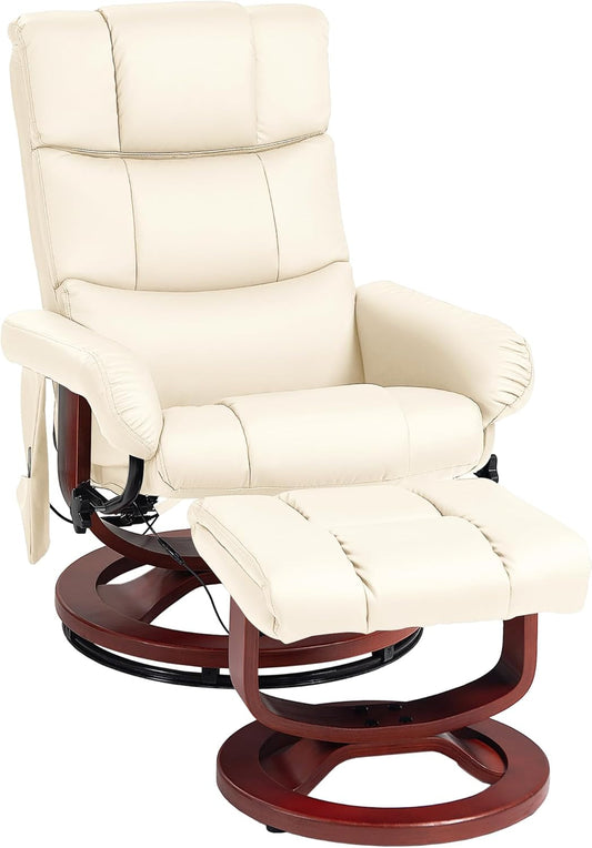 Massage Recliner Chair with Ottoman, Swivel Recliner and Footrest, Faux Leather Reclining Chair with Remote Control and Side Pocket, Cream White-0