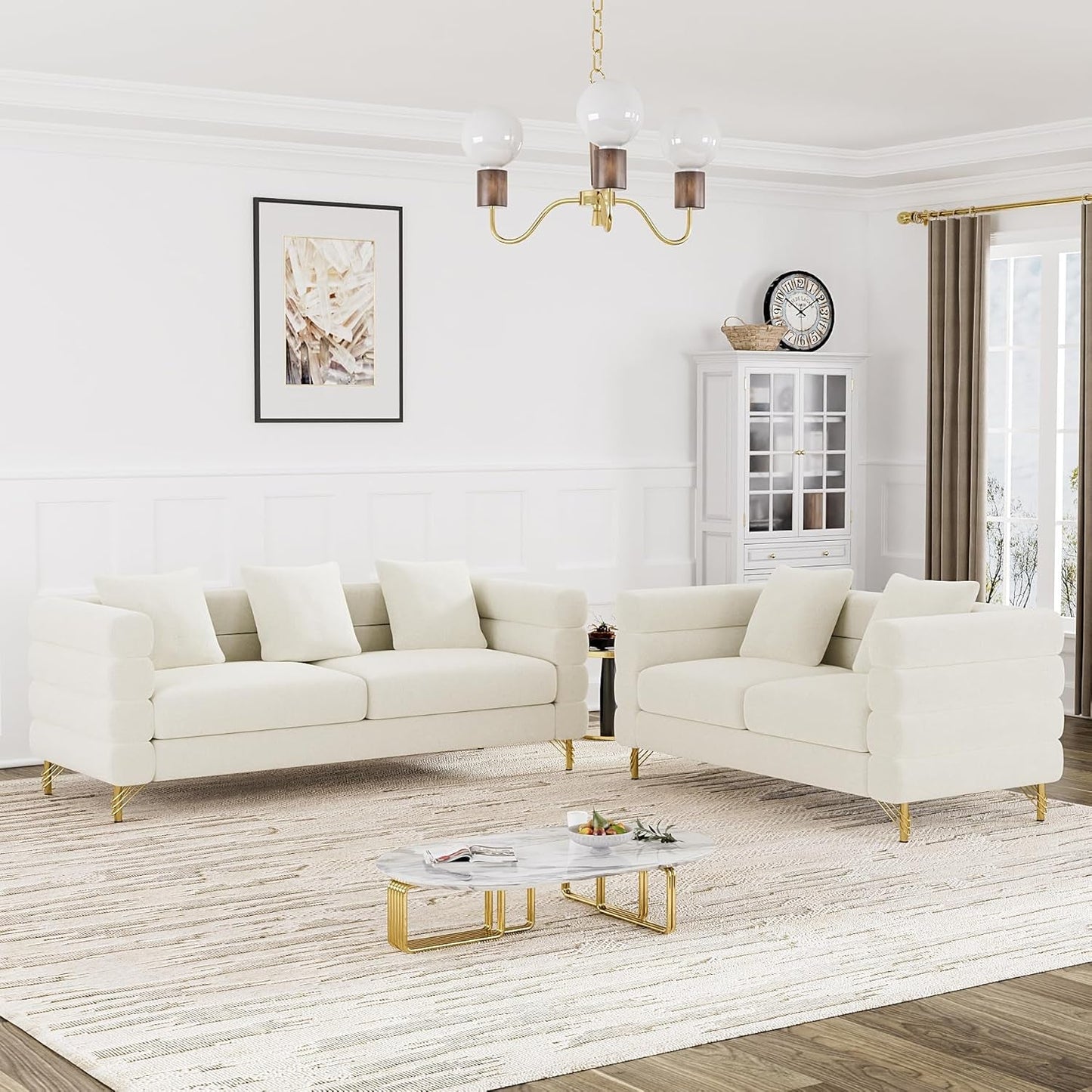 Living Room Sofa Couch and Loveseat Set, Modern Comfy Velvet Deep Seat Cloud Couch with 5 Pillows, Oversized Sofa Furniture Sets for Living Room Bedroom, Ivory White Velvet-0