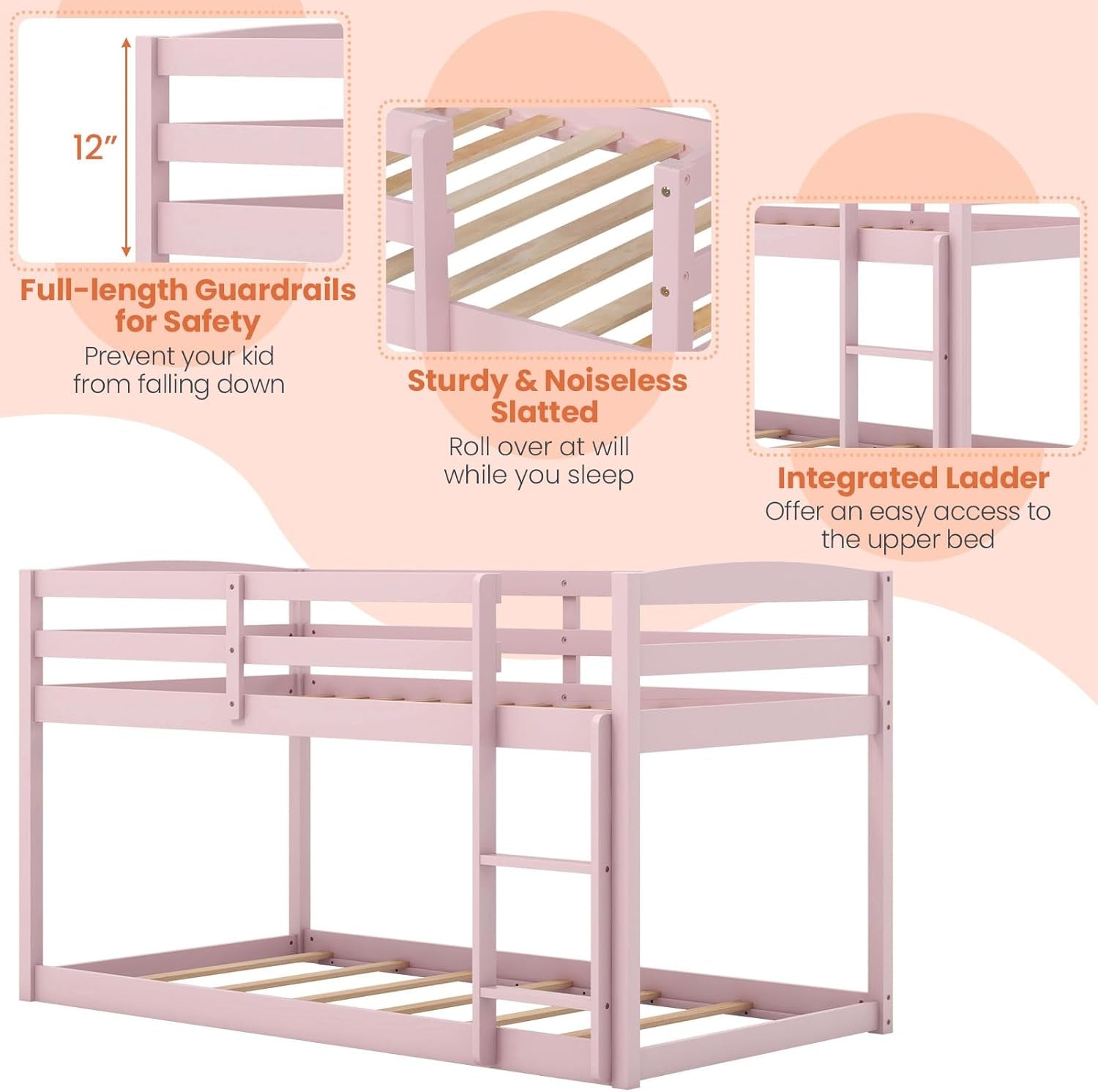 Low Bunk Bed, Solid Wood Bunk Beds Twin over Twin with Ladder, Space Saving Bunkbeds Frame W/Full Guardrails, Twin Floor Bunk Beds for Kids Boys Girls Teens, No Box Spring Needed (Pink)-4