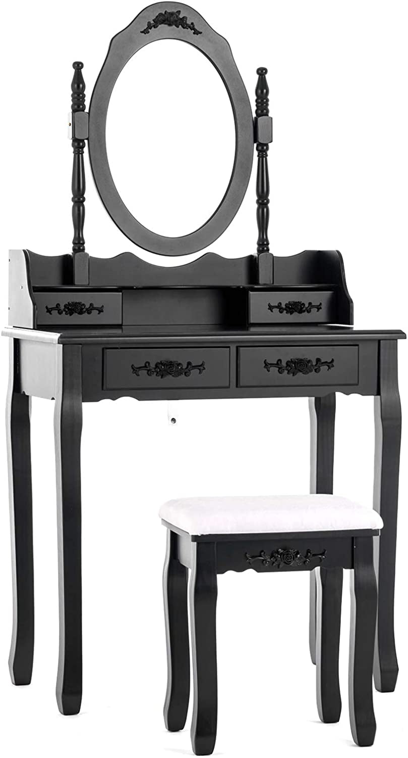 Oval Mirror Makeup Table with Drawer Storage-1