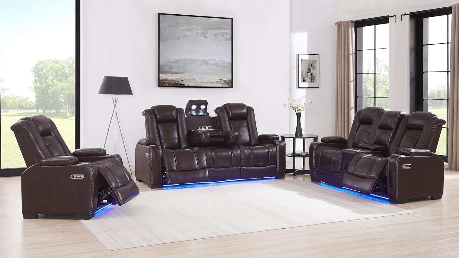 Breather Leather Power Recliner Sofa Couch Set with Adjustable Headrest and Cup Holders, Reclining Couches with Bluetooth Speaker and Wireless Charging for Living Room. Brown-0