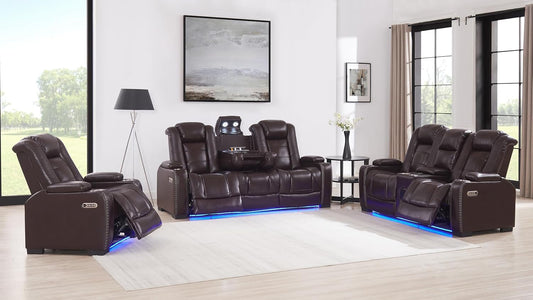 Breather Leather Power Recliner Sofa Couch Set with Adjustable Headrest and Cup Holders, Reclining Couches with Bluetooth Speaker and Wireless Charging for Living Room. Brown-0