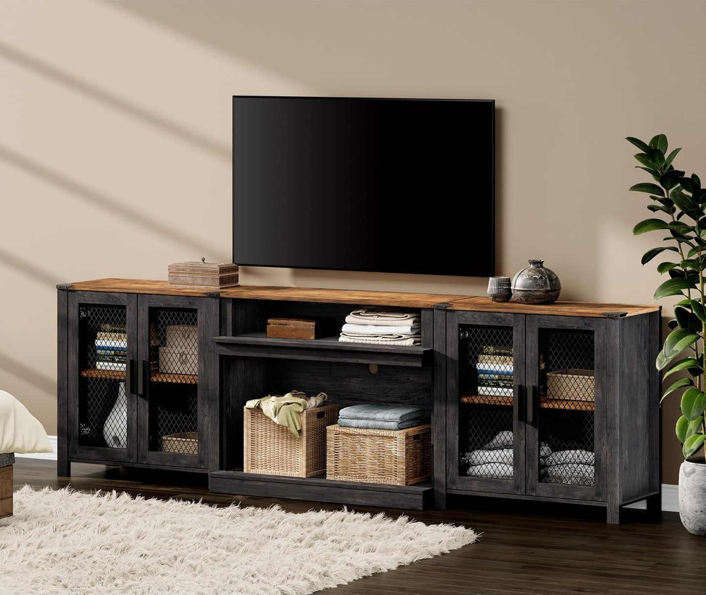 2 in 1 TV Stand Set for 100 Inch TV, Farmhouse Entertainment Center with 4 Mesh Door and Open Storage Shelves, Wood Media TV Console Table for Dining and Bedroom，Dark Walnut and Black-2