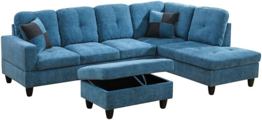L-Shaped 3-Piece Flannel Sofa with Storage Ottoman Set, Sectional Couch Sofa Set for Living Room, Office, Small Space, Blue-0