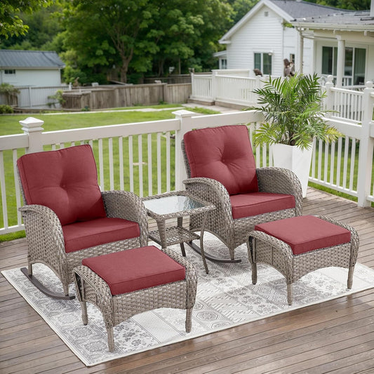5 Piece Patio Rocking Chairs Furniture Set - Outdoor Wicker Furniture with Ottomans and Side Table, Rattan Conversation Bistro Set for Porch Balcony Backyard-0
