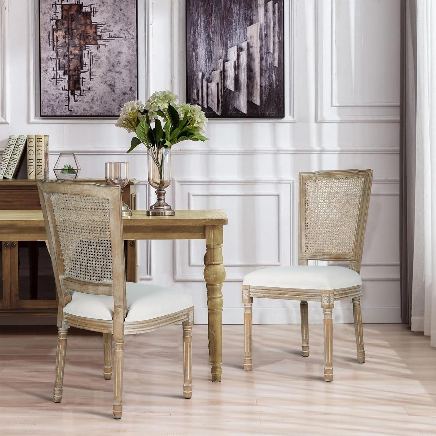 Dining Chairs Set of 2 Beige Rattan Square Back with Solid Wood Legs and Frame for French Country Kitchen Dining Room-4