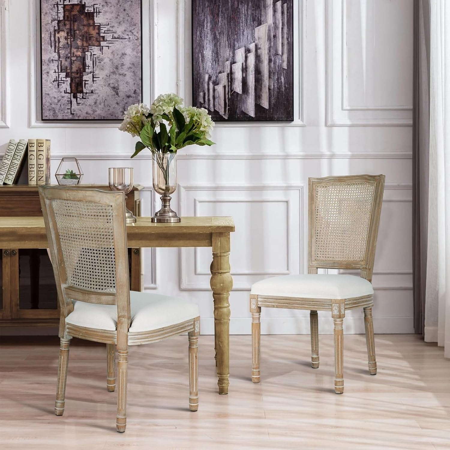 Dining Chairs Set of 2 Beige Rattan Square Back with Solid Wood Legs and Frame for French Country Kitchen Dining Room-4