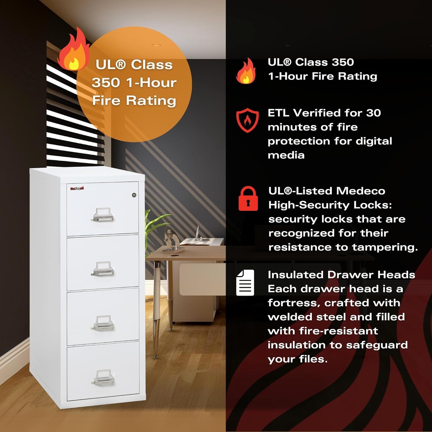 Vertical 4 Drawer Legal Fire Safe File Cabinet with Key Lock, 1 Hour Fire Rated, UL Rated & Water Resistant Home Safe, Made in the USA, Arctic White-3