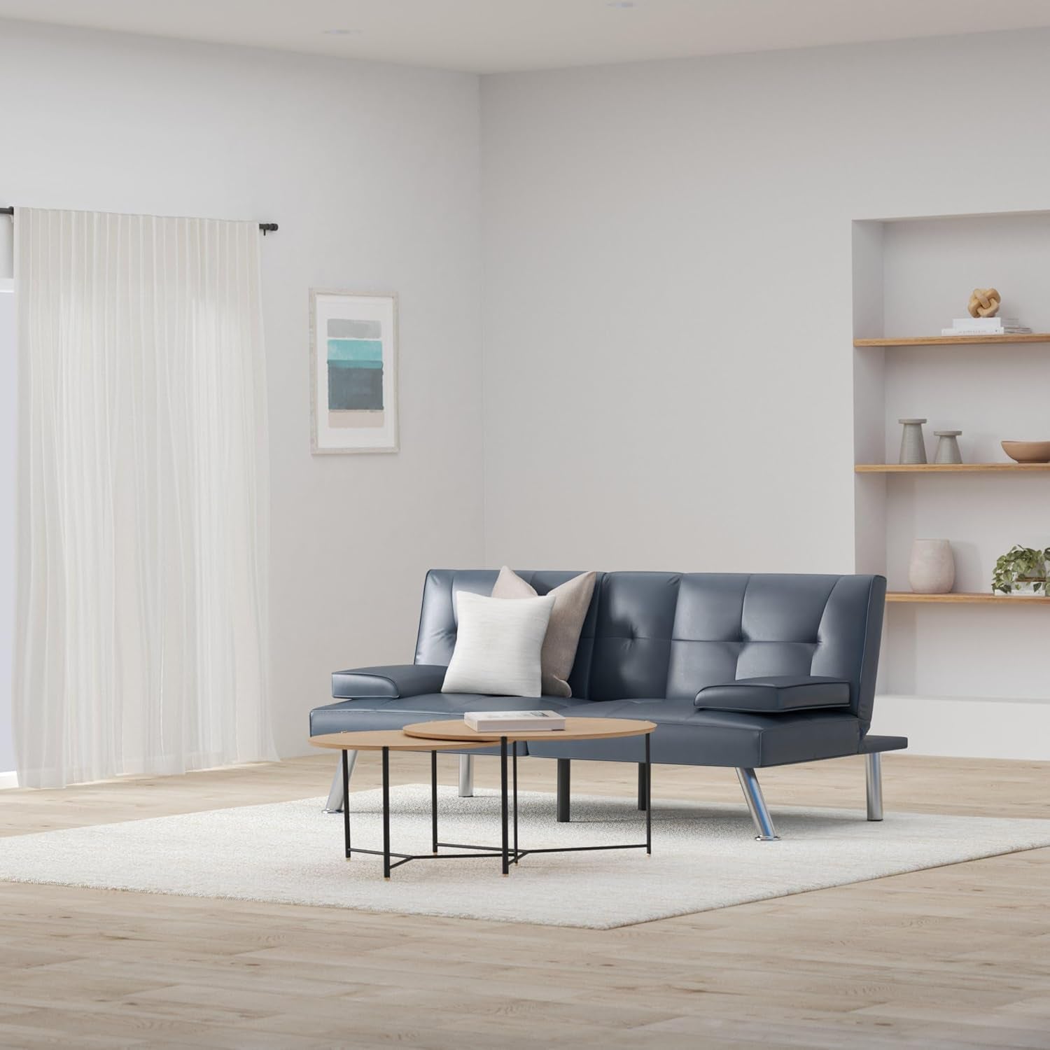 Faux Leather Upholstered Modern Convertible Futon, Adjustable Folding Sofa Bed, Guest Bed W/Removable Armrests - Blue-1