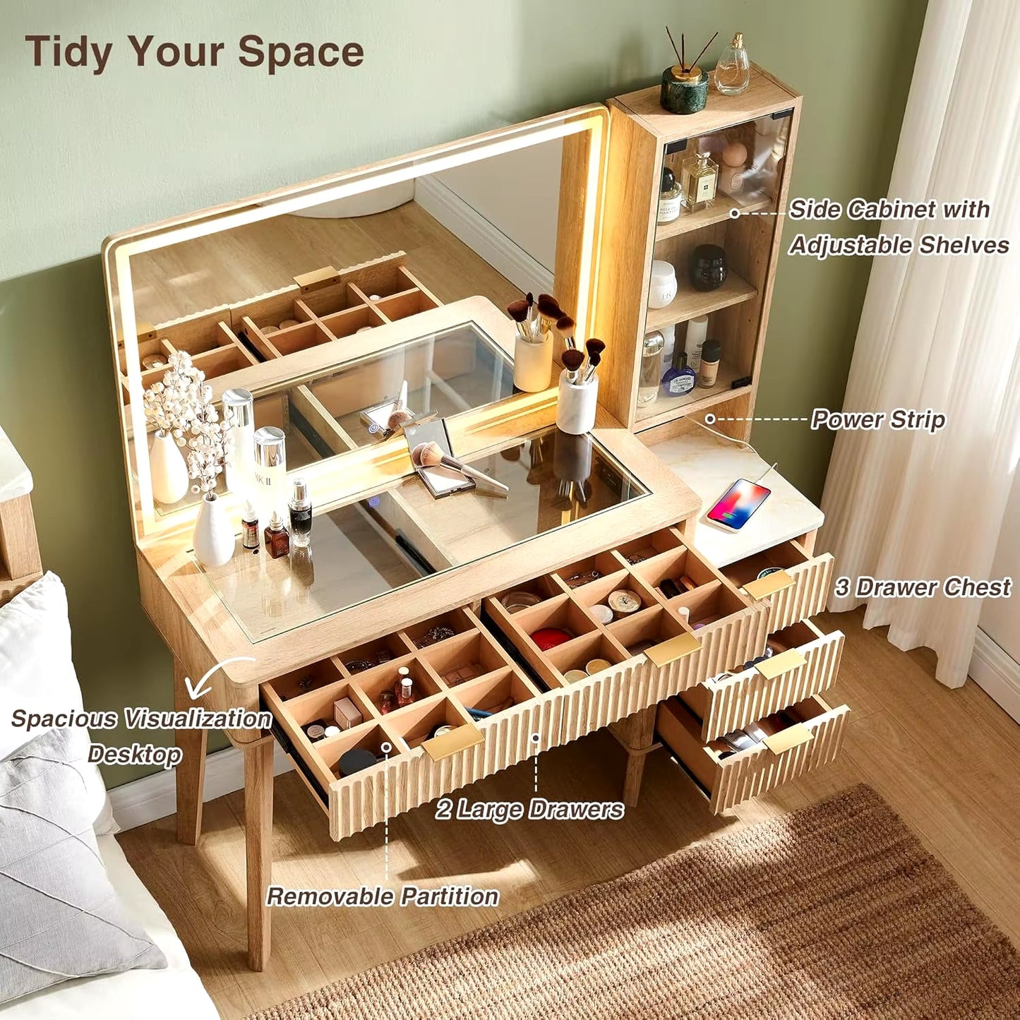 48" Modern Fluted Makeup Vanity Desk with Large 36" Mirror & Lights, with 5 Drawers & Adjustable Shelves, Oak 2025 NEW-3