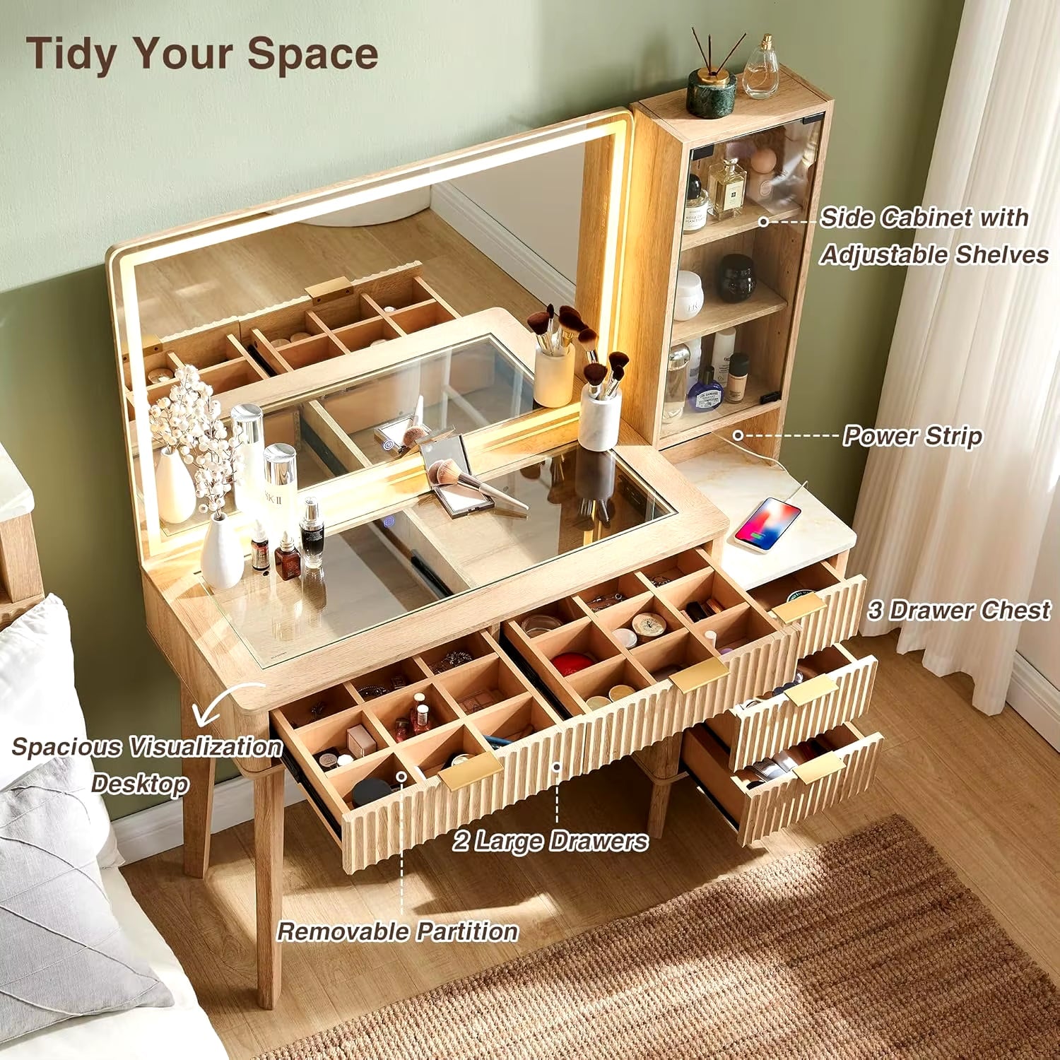 48" Modern Fluted Makeup Vanity Desk with Large 36" Mirror & Lights, with 5 Drawers & Adjustable Shelves, Oak 2025 NEW-3