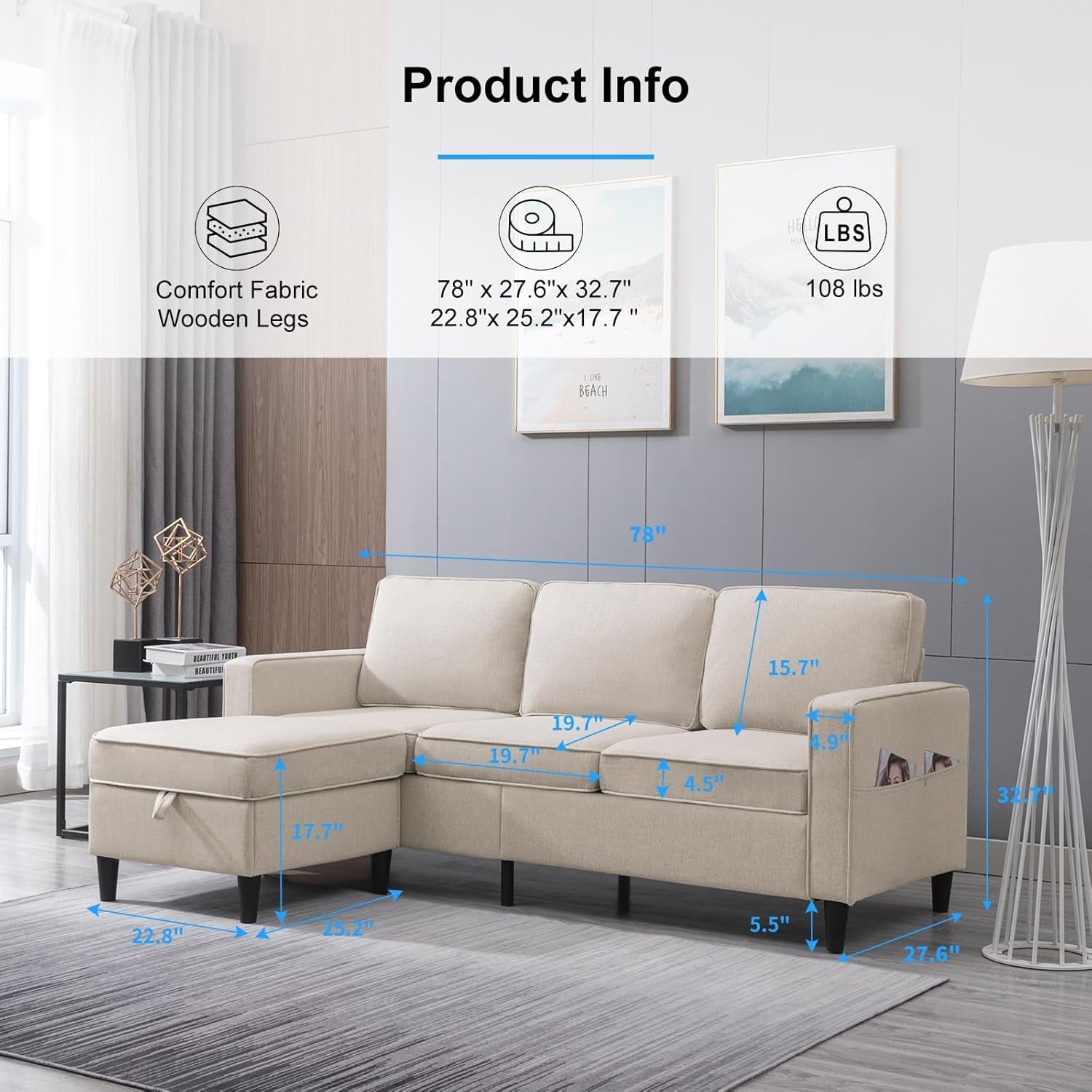 2 Piece Sofa Set, Sofa and Loveseat Sets for Living Room, L Shape Sectional Sofa with Chaise, 3 Seater Convertible Sectional Sofa Couch for Apartment-1