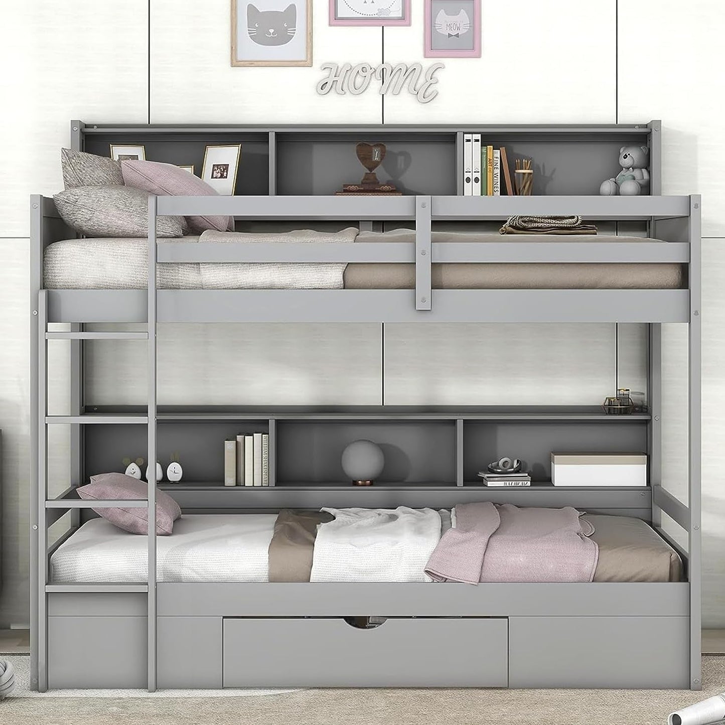 Twin over Twin Bunk Bed with Storage Drawer, Solid Wood Bunk Bed with Built-In Shelves beside Both Upper and down Bed, for Kids Teens Adults (Gray)-2