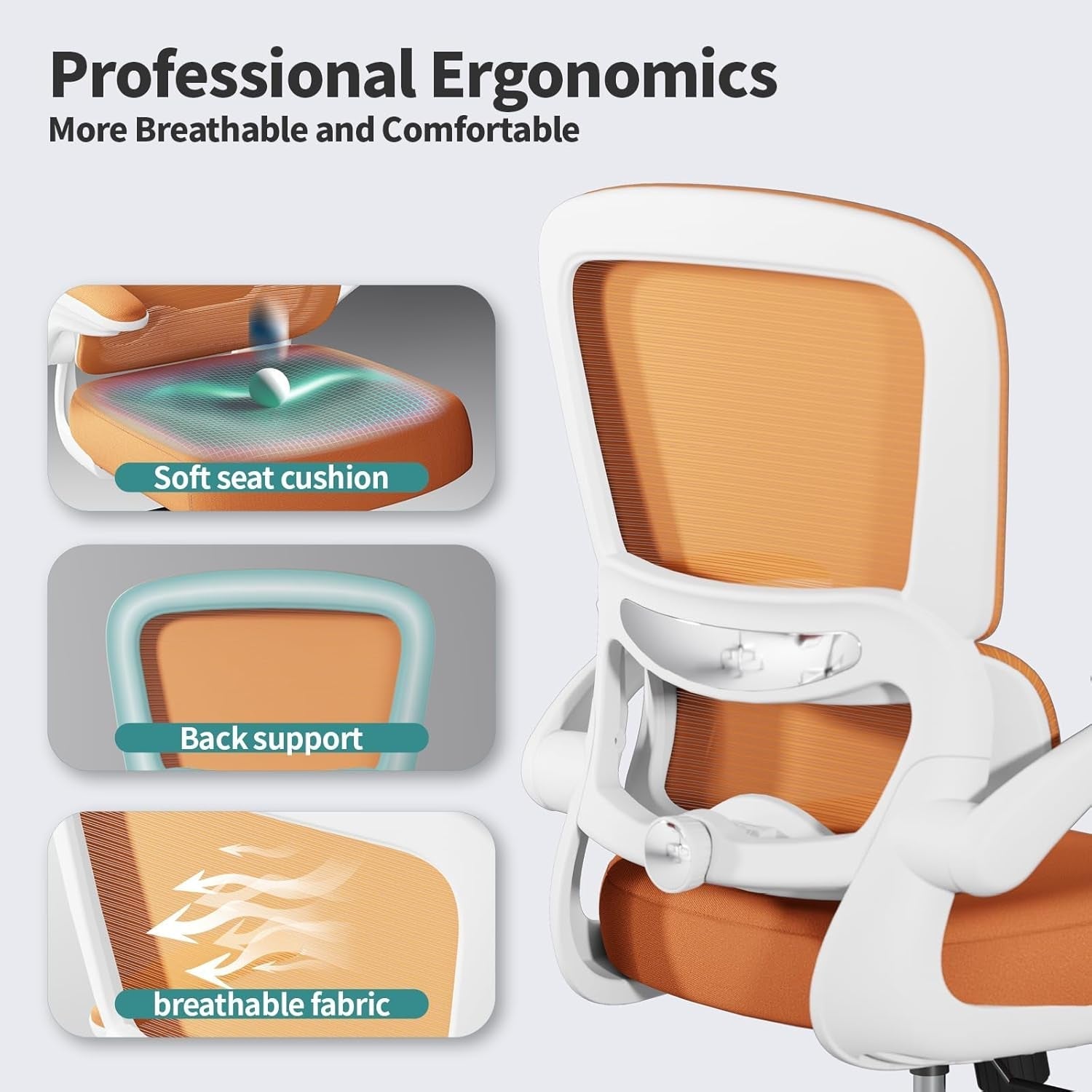 Office Chair - Ergonomic Desk Chair with Adjustable Lumbar Support, Mesh Computer Chair, Executive Chair for Home Office Comfortable Lumbar Support (Orange)-2