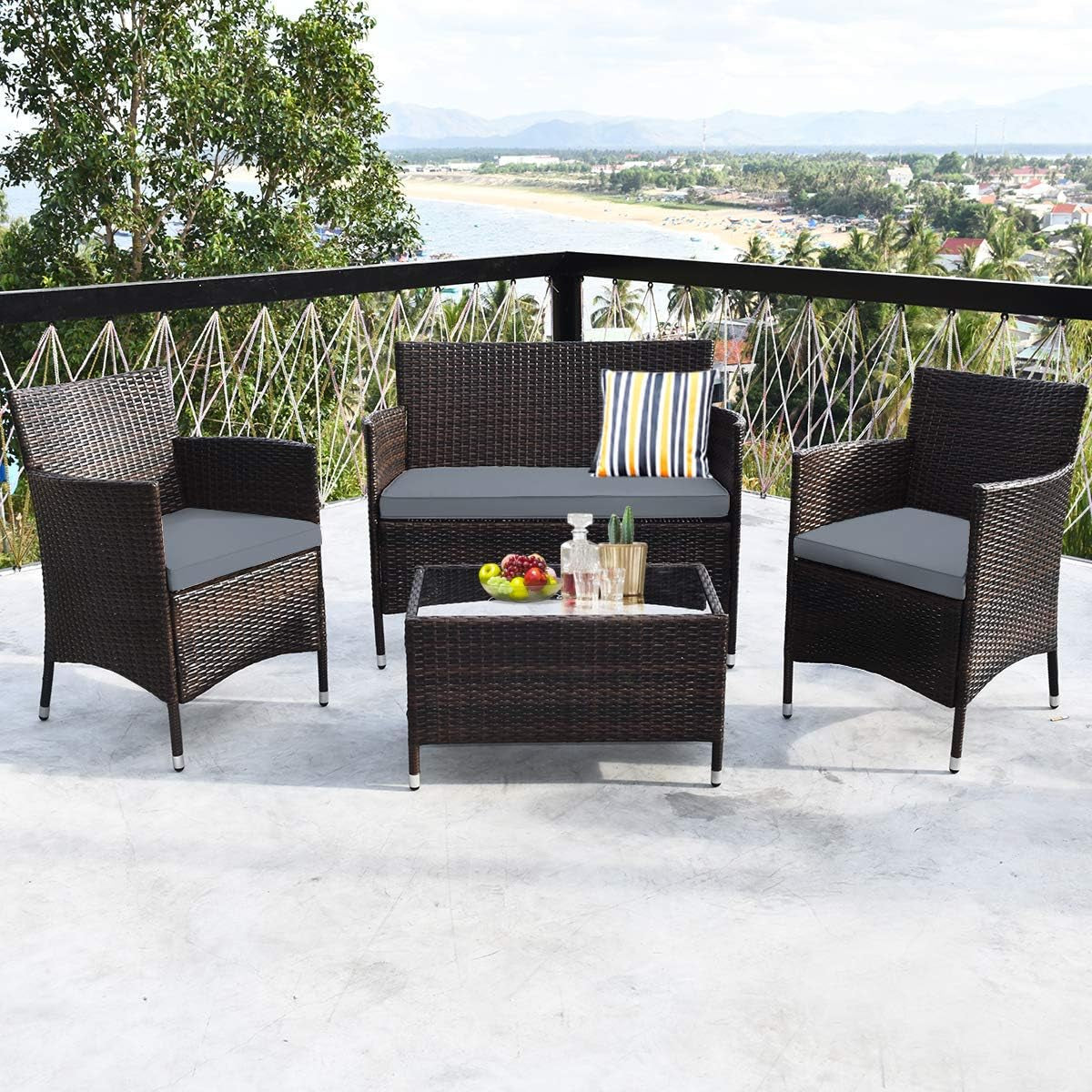 4PCS Rattan Patio Furniture Set, Outdoor Wicker Rattan Chairs with Coffee Table, Rattan Cushioned Conversation Set for Backyard Balcony Porch Poolside, Grey-1