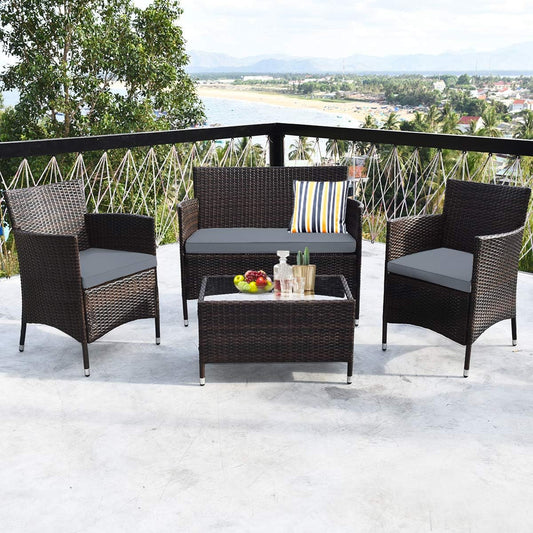 4PCS Rattan Patio Furniture Set, Outdoor Wicker Rattan Chairs with Coffee Table, Rattan Cushioned Conversation Set for Backyard Balcony Porch Poolside, Grey-1