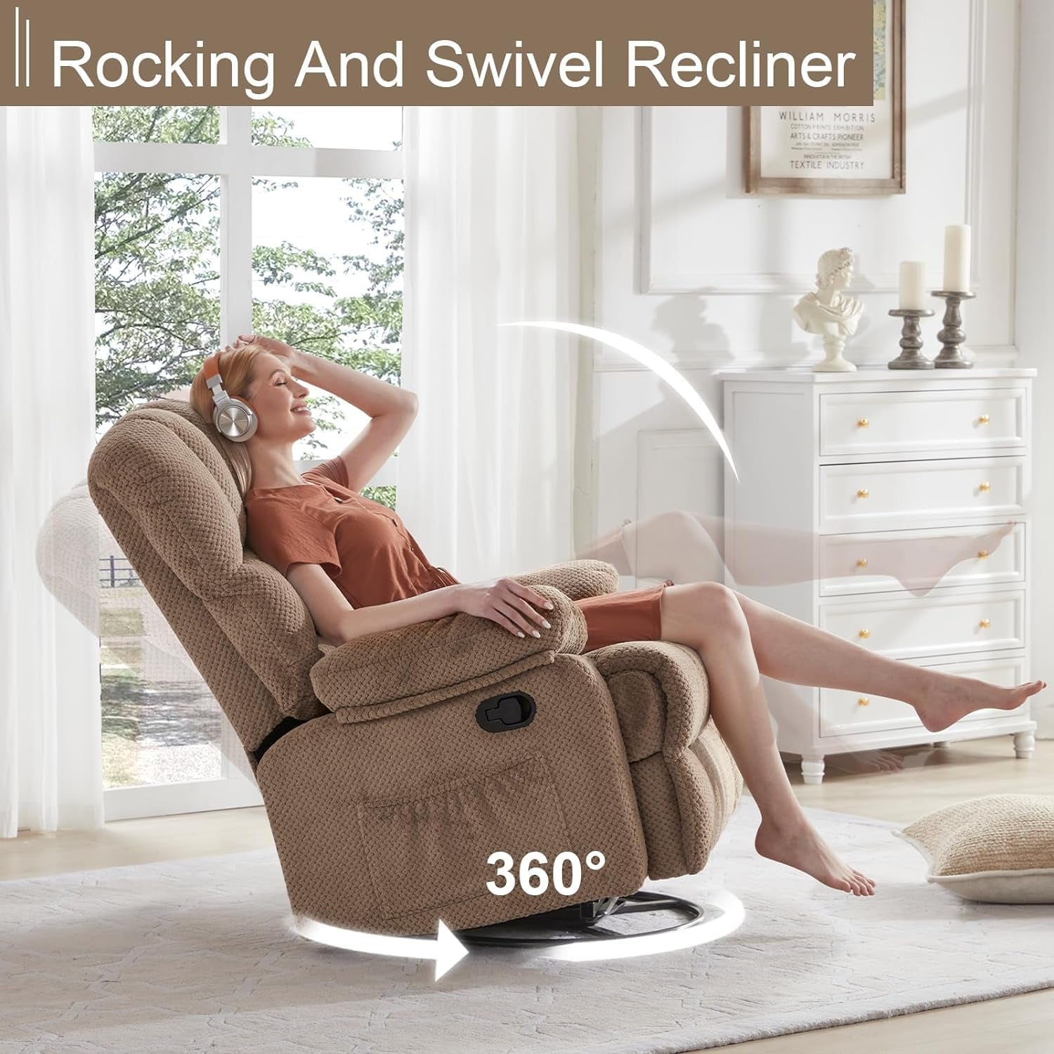 Oversized Rocker Recliner Chair for Adults, 360° Swivel Recliner Chair Ergonomic Chair, Overstuffed Manual Rocking Recliner for Living Room, Theater Seating Single Sofa Chairs(Khaki)-2