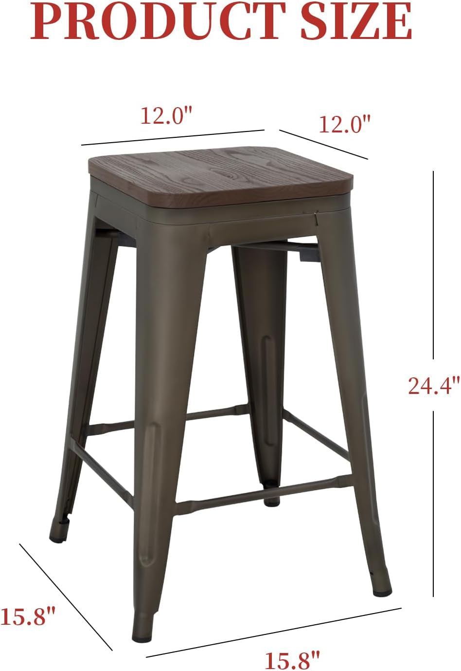 Metal Bar Stools Counter Height Barstool Industrial Bar Chairs Patio Stool Stackable Backless Stool Indoor Outdoor Metal Kitchen Stools Bar Chairs (Bronze with Wood, 24")-2