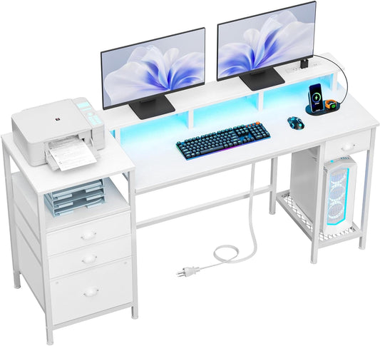 White Computer Desk with 4 Drawers, 60" Long Office Desk with Fabric File Cabinet and Power Outlets, Gaming Desk with LED Lights, Study Writing Work Desk with Shelf for Home Office-0