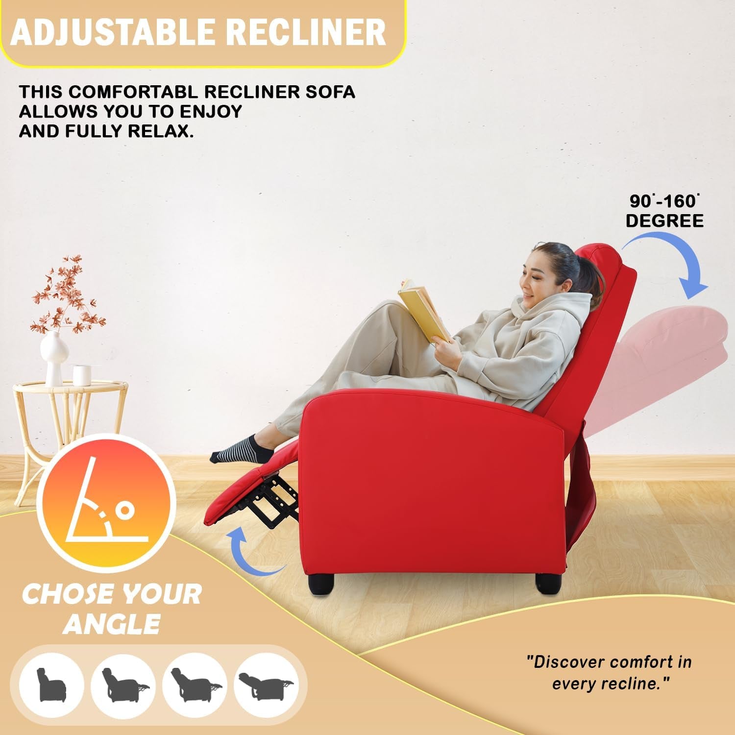 Recliner Chair Single Reclining Sofa Home Theater Seating with Lumbar Support and Padded Backrest for Living Room and Bedroom (Leather, Red)-4