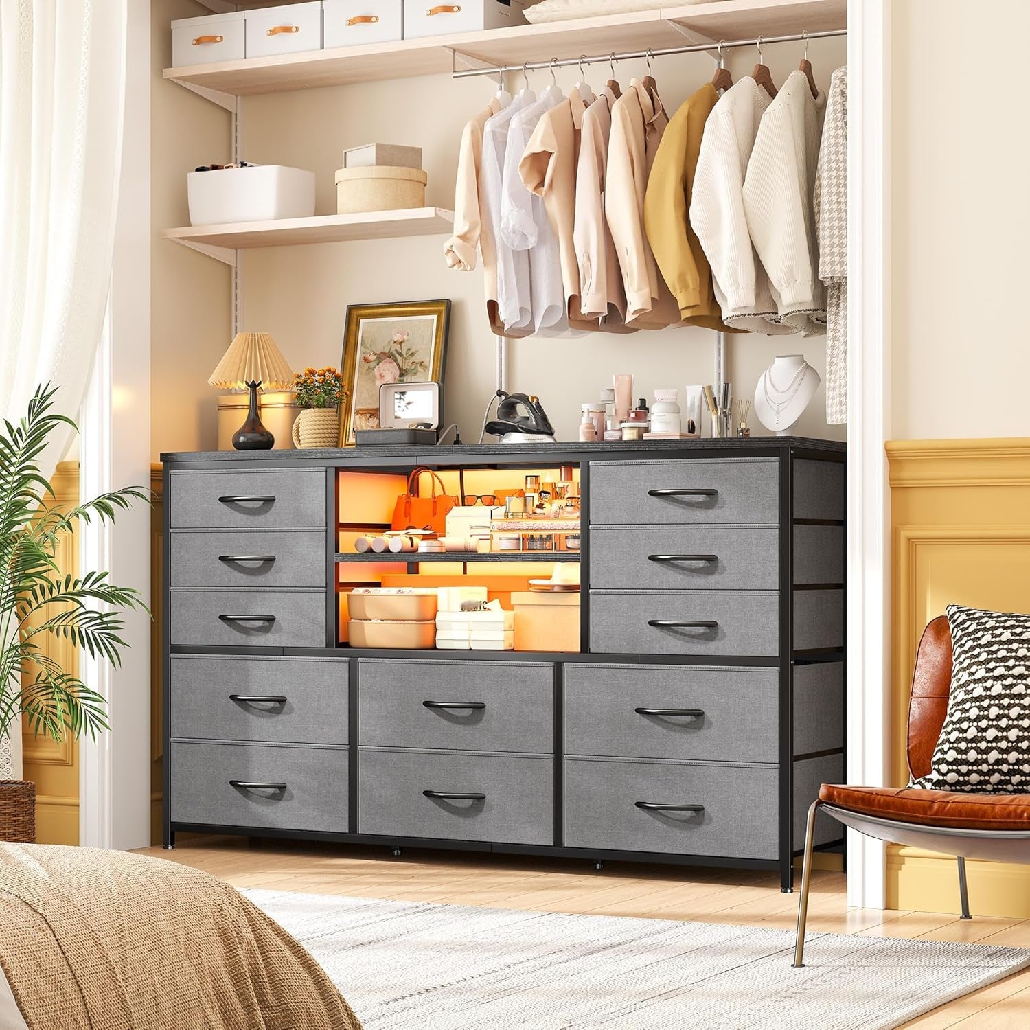 12 Drawer Long Dresser LED Lights Power Outlet-0